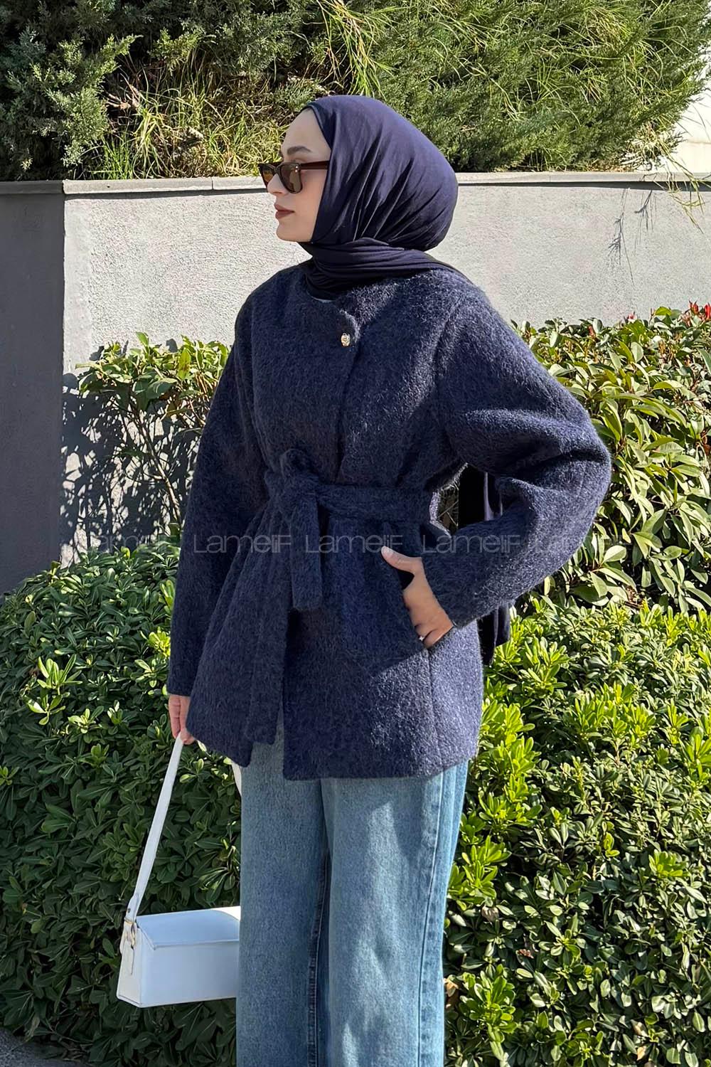 Lamelif Gold Düğmeli Kaban Lacivert