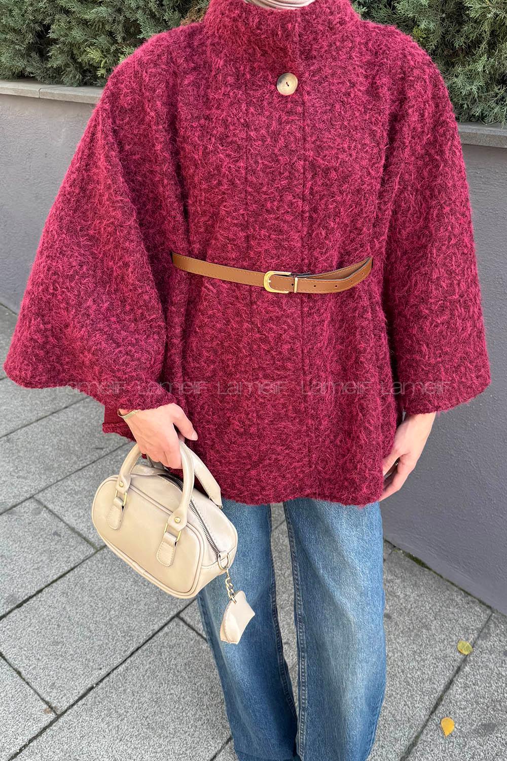 Lamelif Hakim Yaka Kemer Detaylı Kaşe Panço Bordo