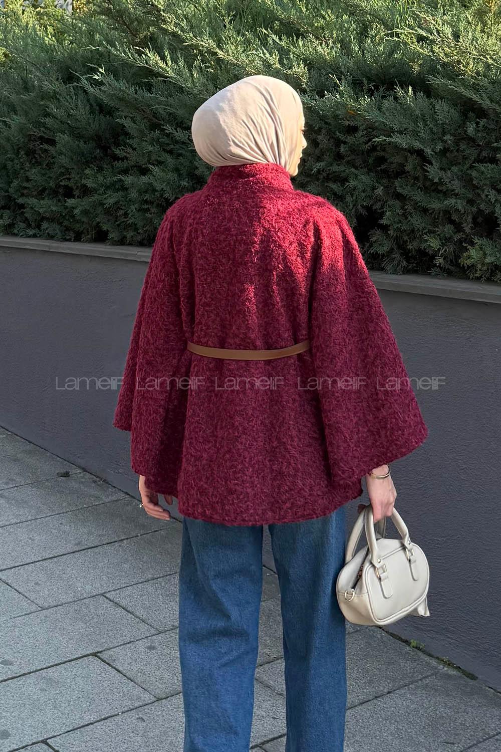 Lamelif Hakim Yaka Kemer Detaylı Kaşe Panço Bordo