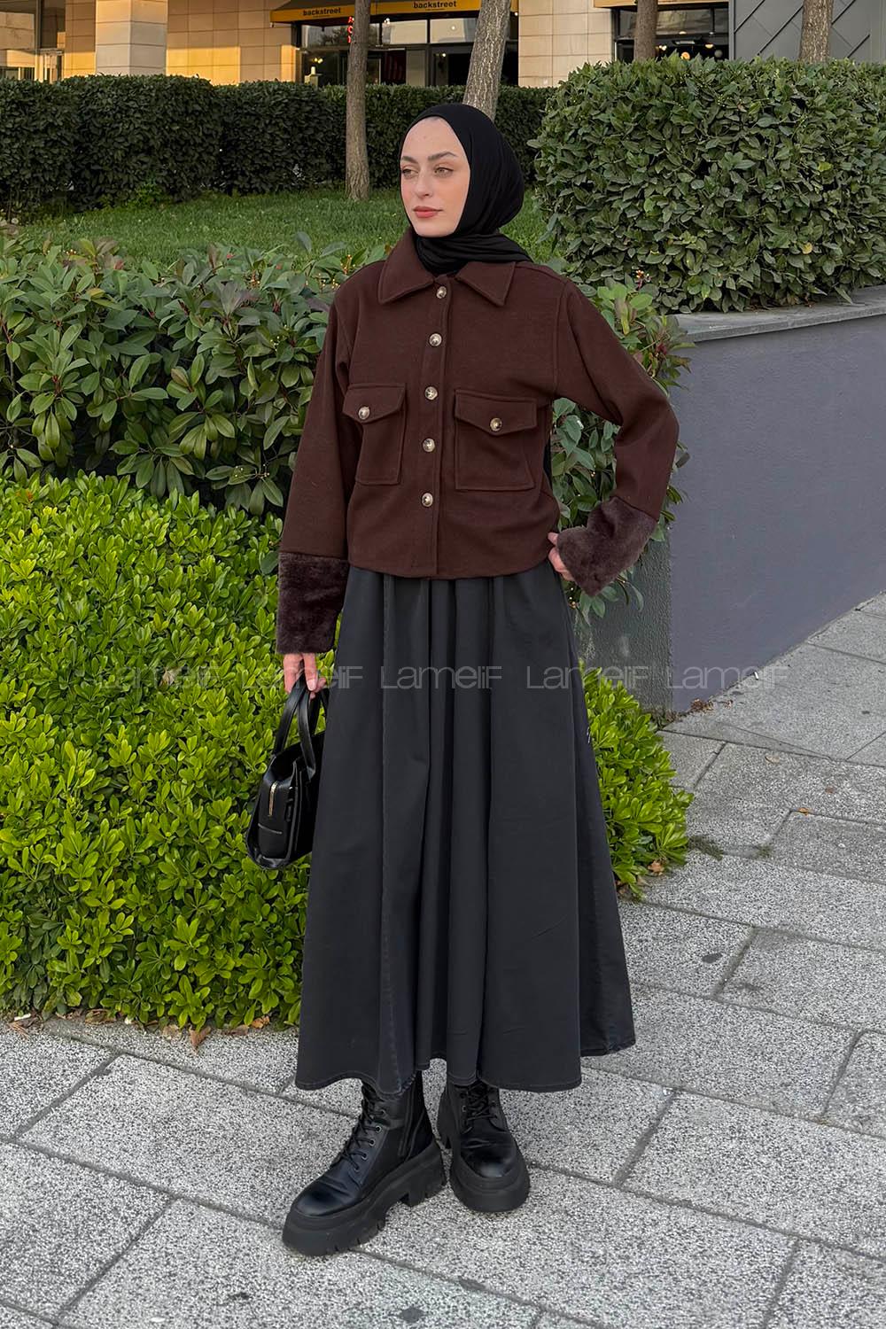 Bitter Brown Shirt Collar Long Arm Cotton Fabric Jacket