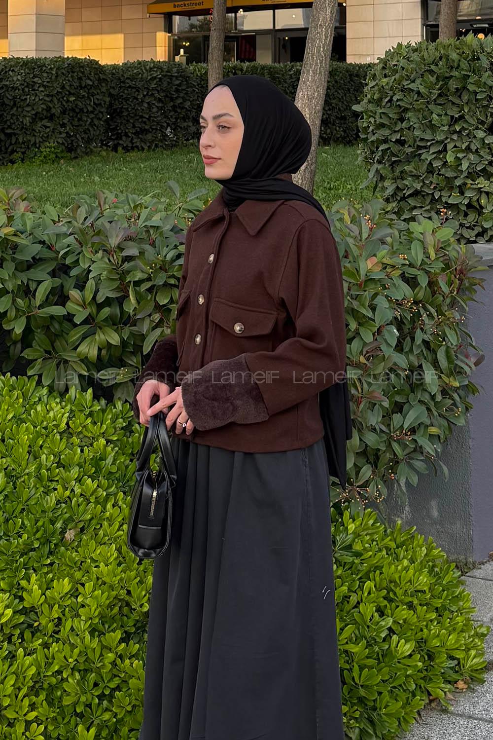 Bitter Brown Shirt Collar Long Arm Cotton Fabric Jacket