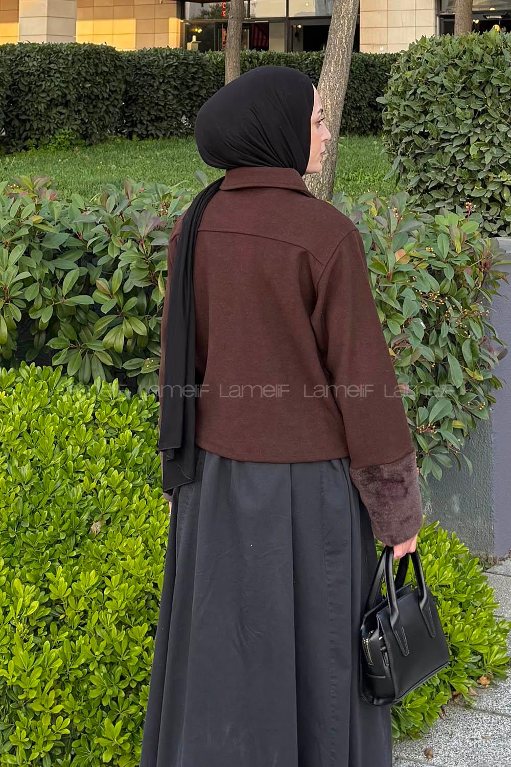 Bitter Brown Shirt Collar Long Arm Cotton Fabric Jacket