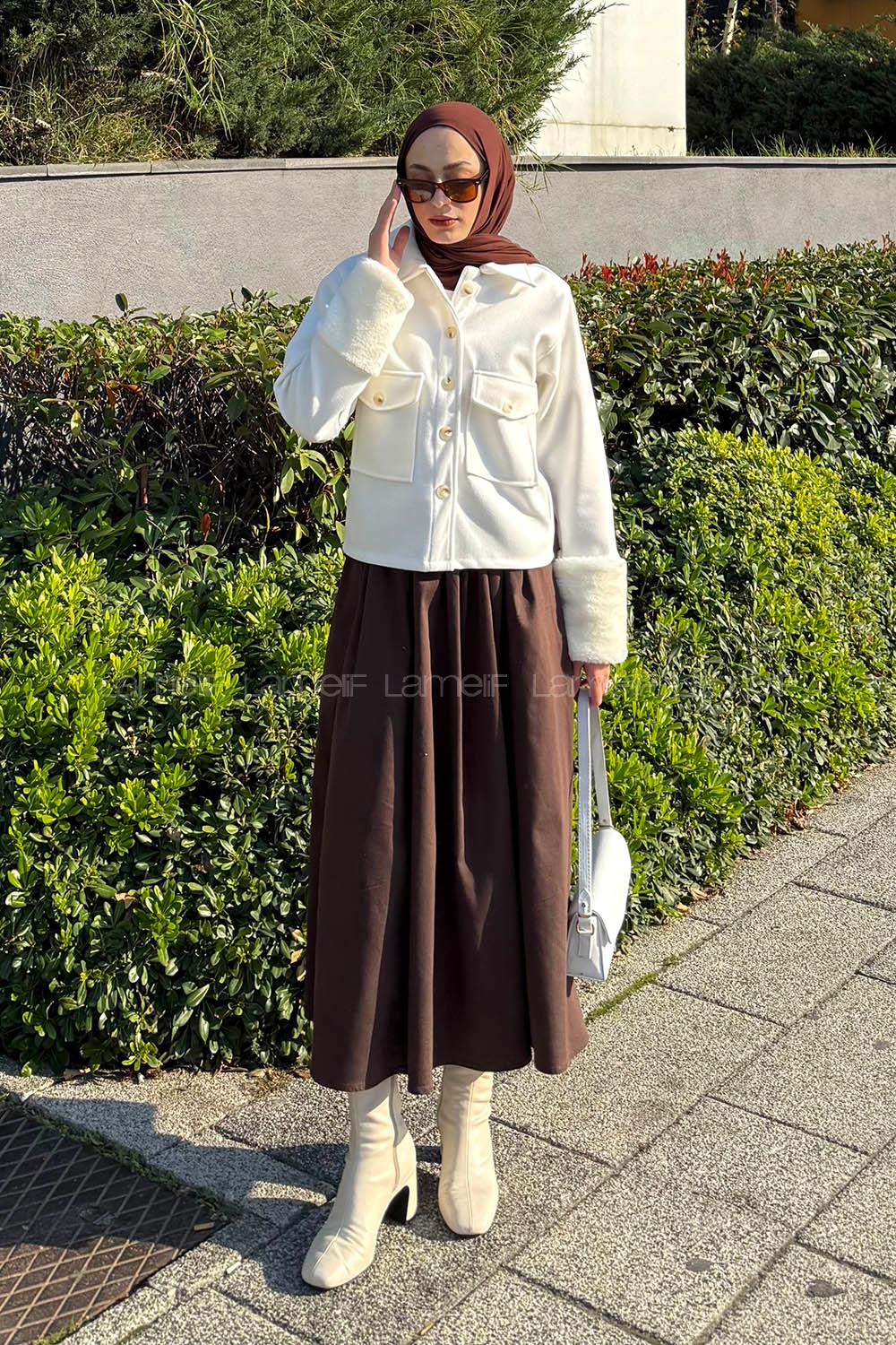 Lamelif Kol Kürk Detaylı Ceket Beyaz