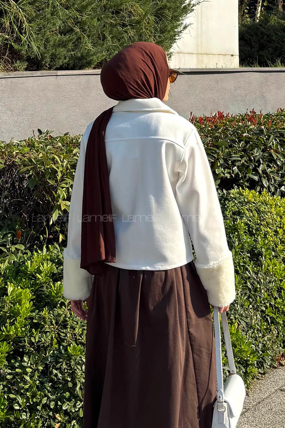 Lamelif Kol Kürk Detaylı Ceket Beyaz