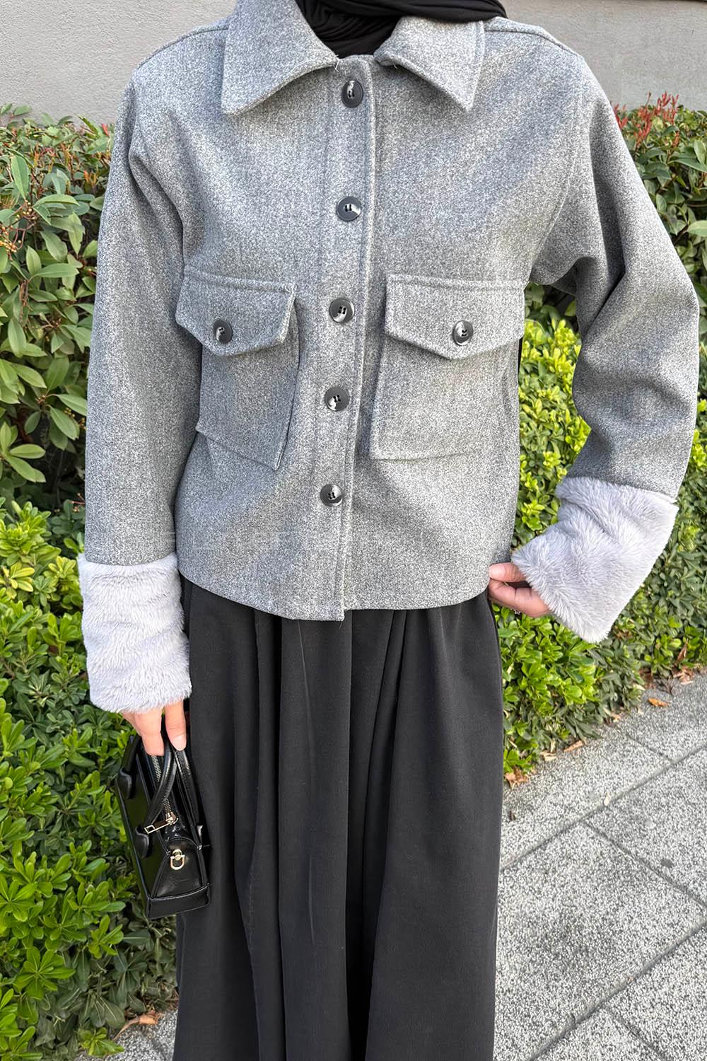 Gray Shirt Collar Long Arm Cotton Fabric Jacket