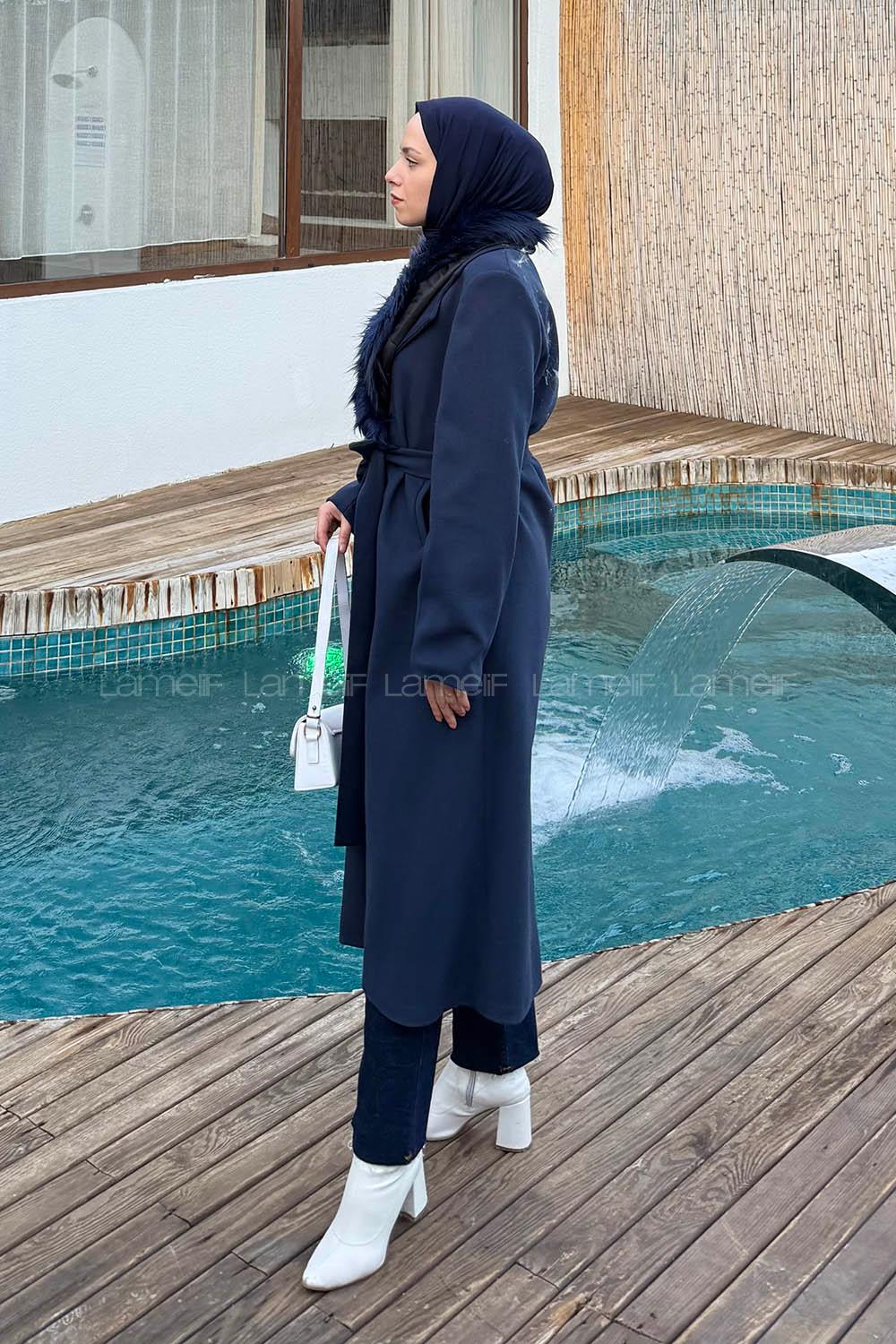 Lamelif Kürk Yakalı Kaban Lacivert