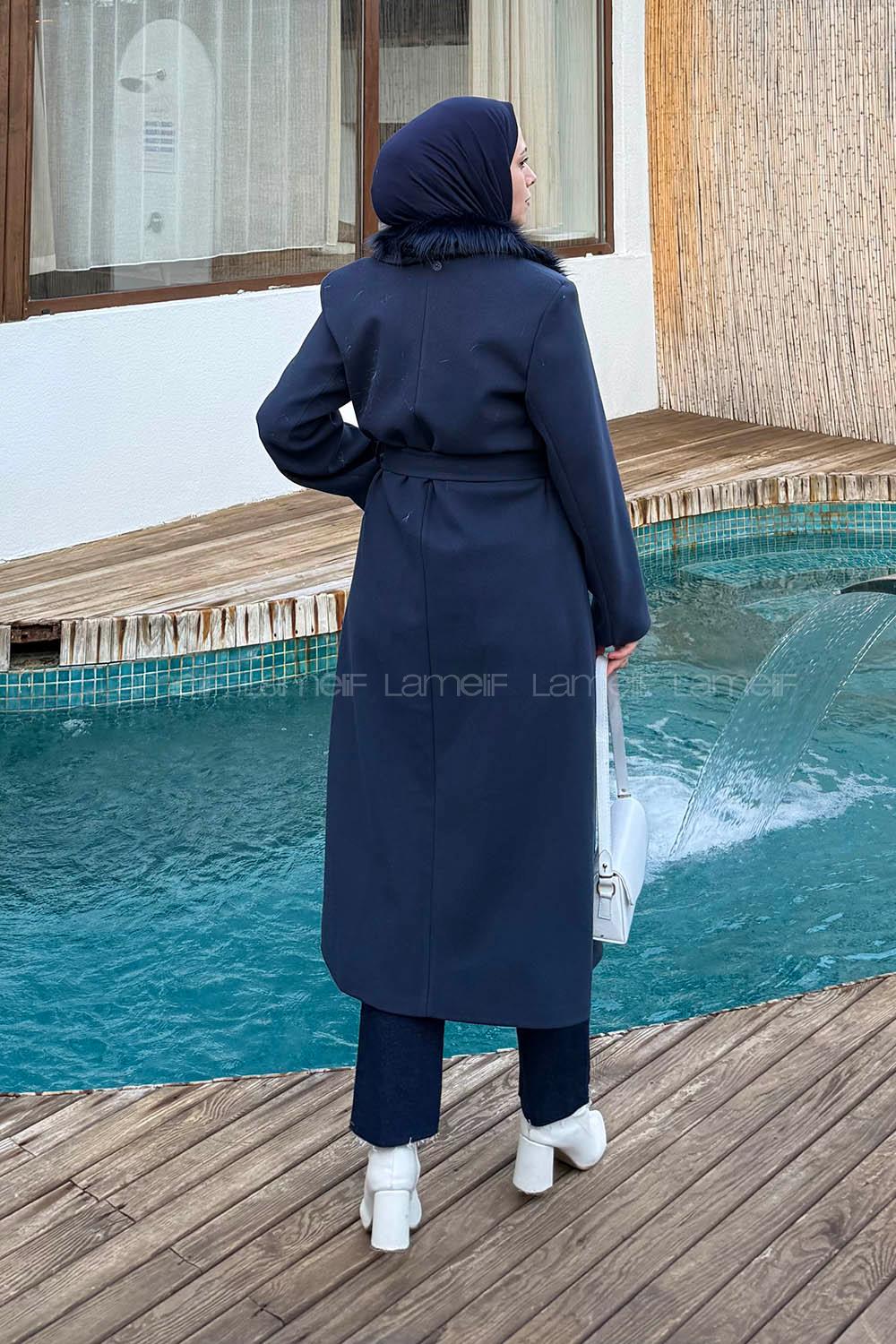 Lamelif Kürk Yakalı Kaban Lacivert