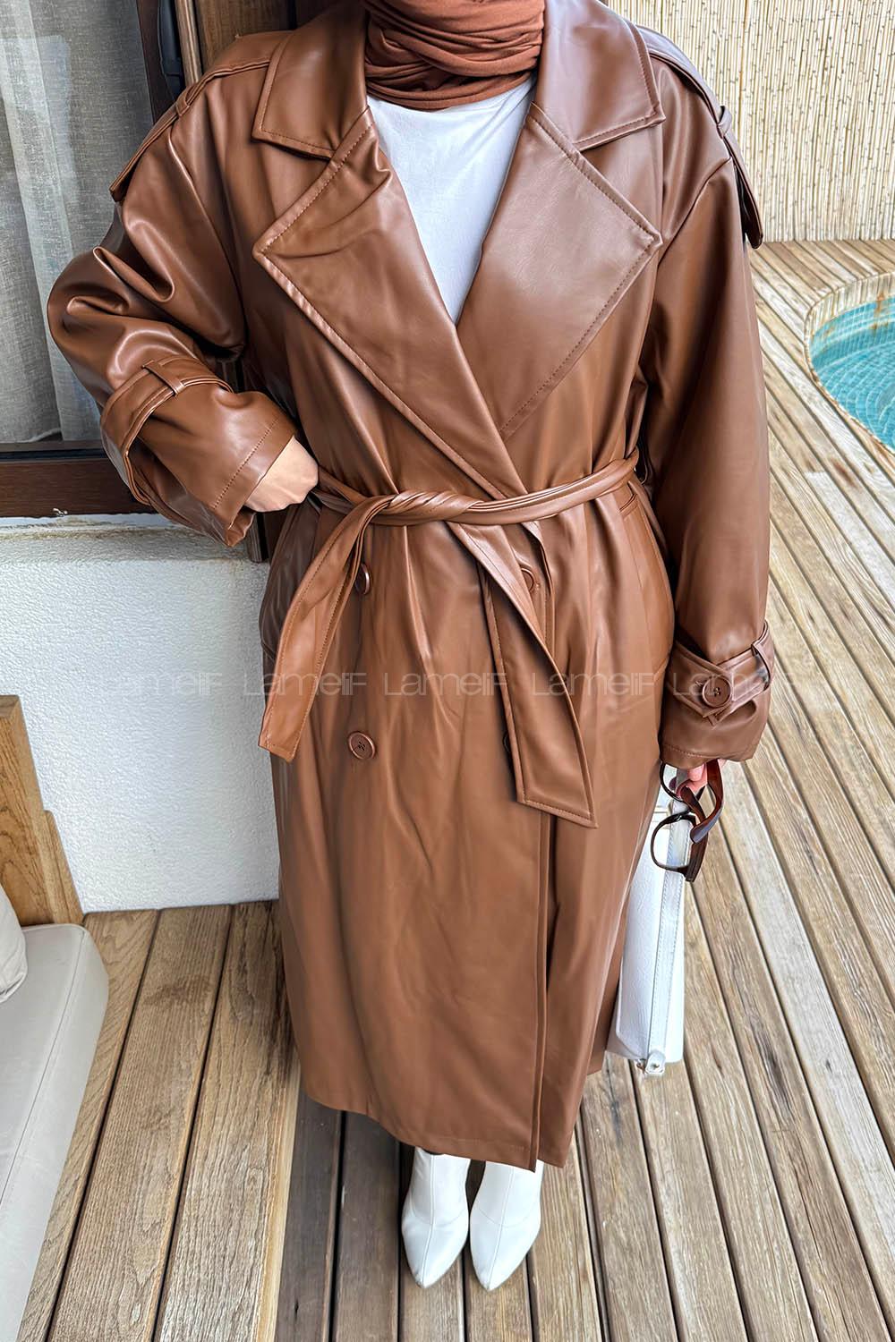 Bitter Brown Long Arm Skin Trench Coat