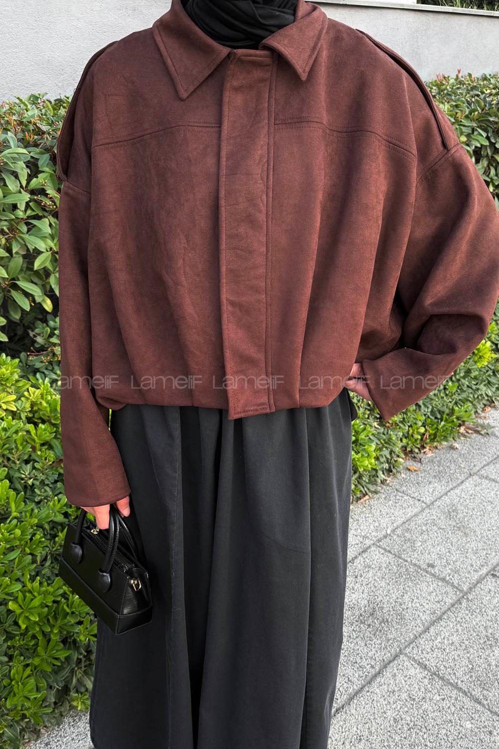 Lamelif Omuz Apoletli Süet Ceket Acı Kahve