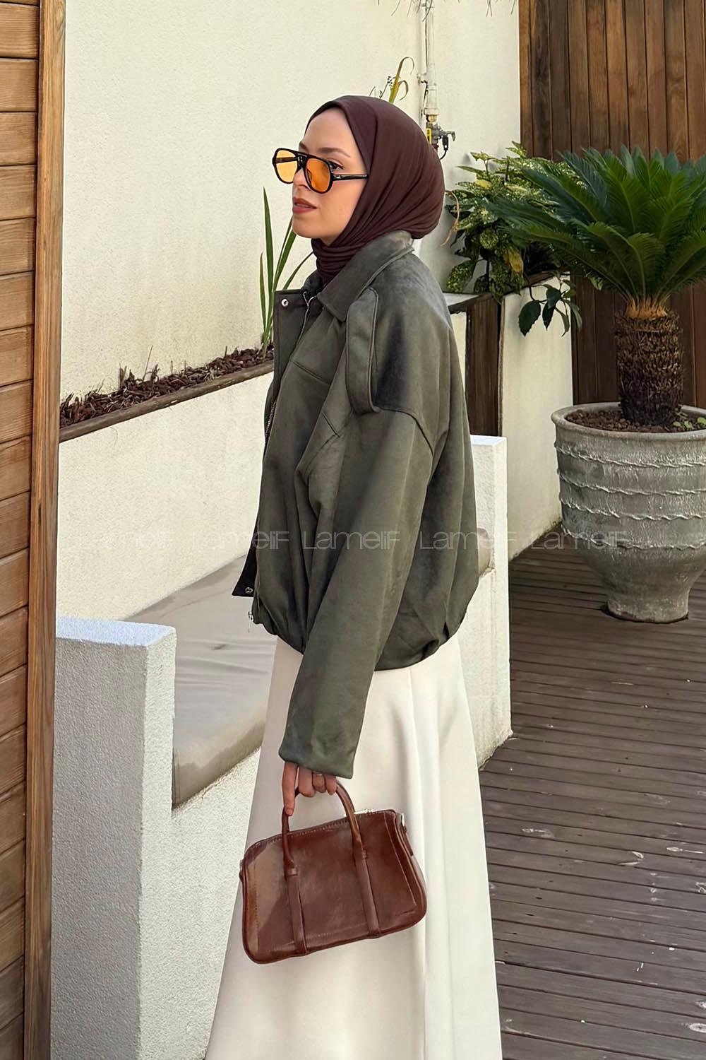 Lamelif Omuz Apoletli Süet Mont Haki