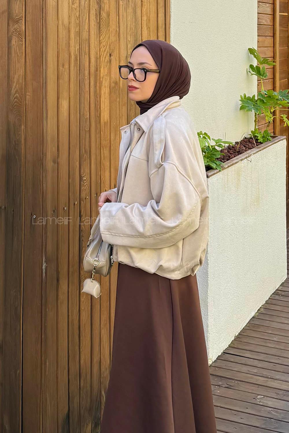 Cream Shirt Collar Long Arm Cotton Suede Polyester Jacket