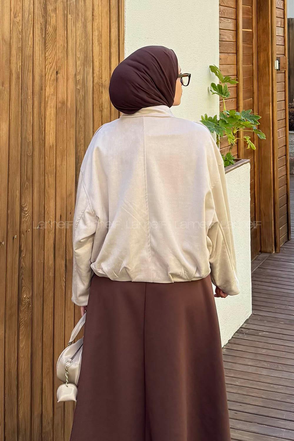 Cream Shirt Collar Long Arm Cotton Suede Polyester Jacket