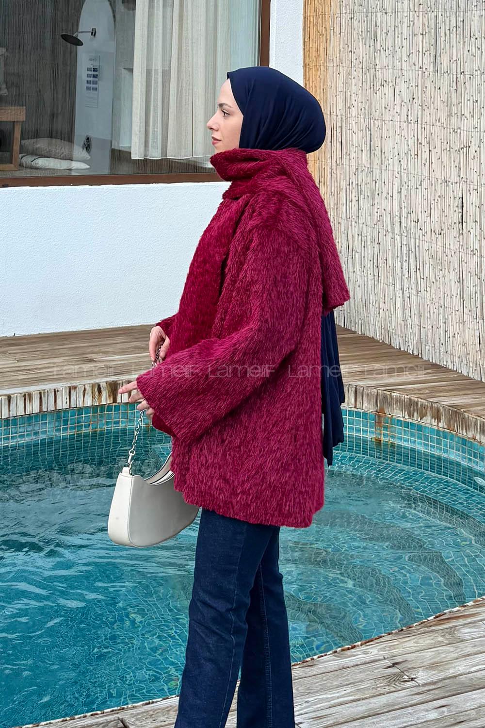 Lamelif Peluş Atkılı Mont Bordo