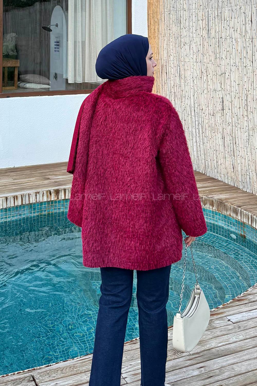 Lamelif Peluş Atkılı Mont Bordo