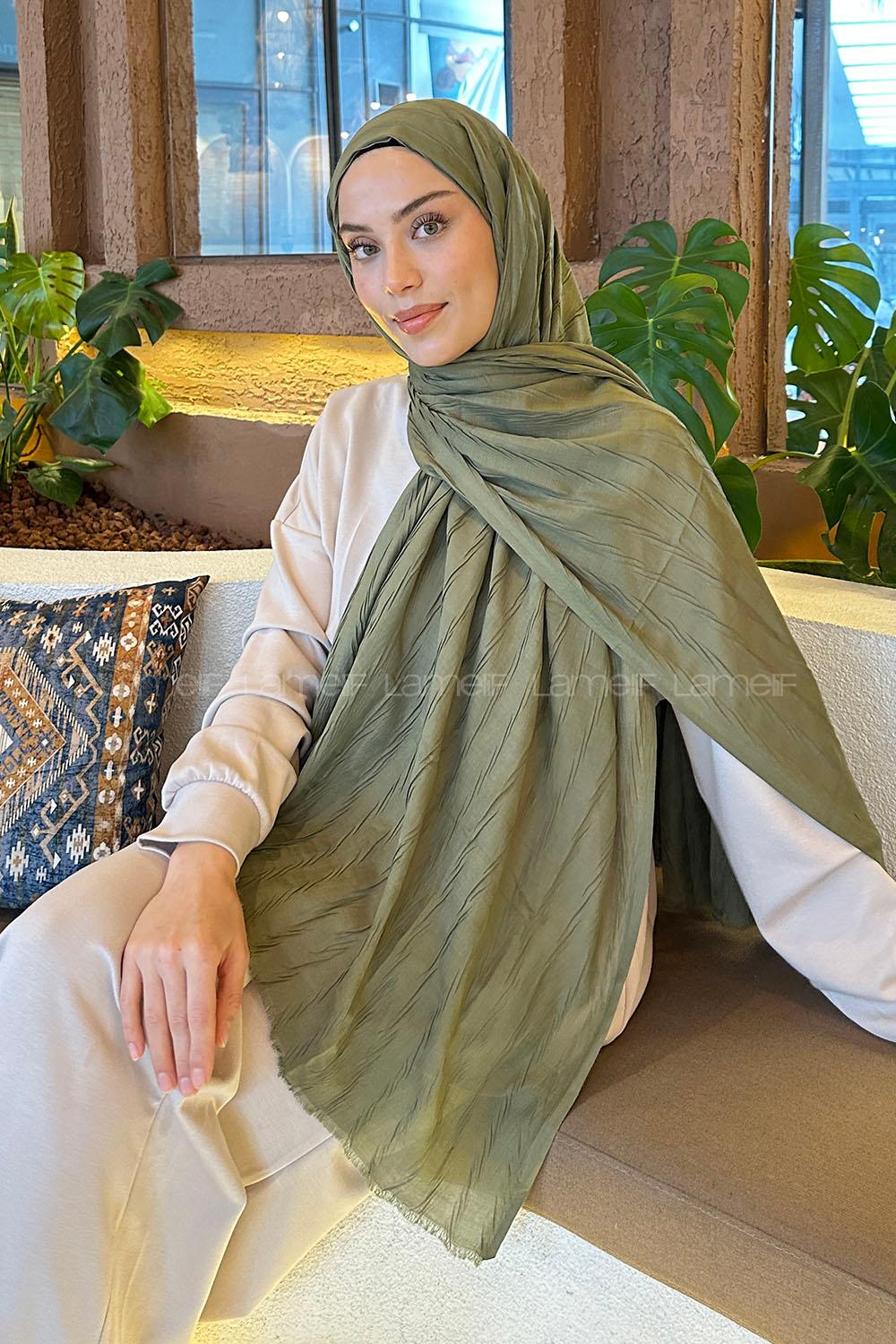 Lamelif Piliseli Bambu Şal Asker Yeşili