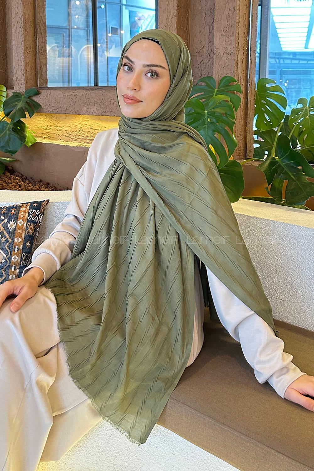 Lamelif Piliseli Bambu Şal Asker Yeşili