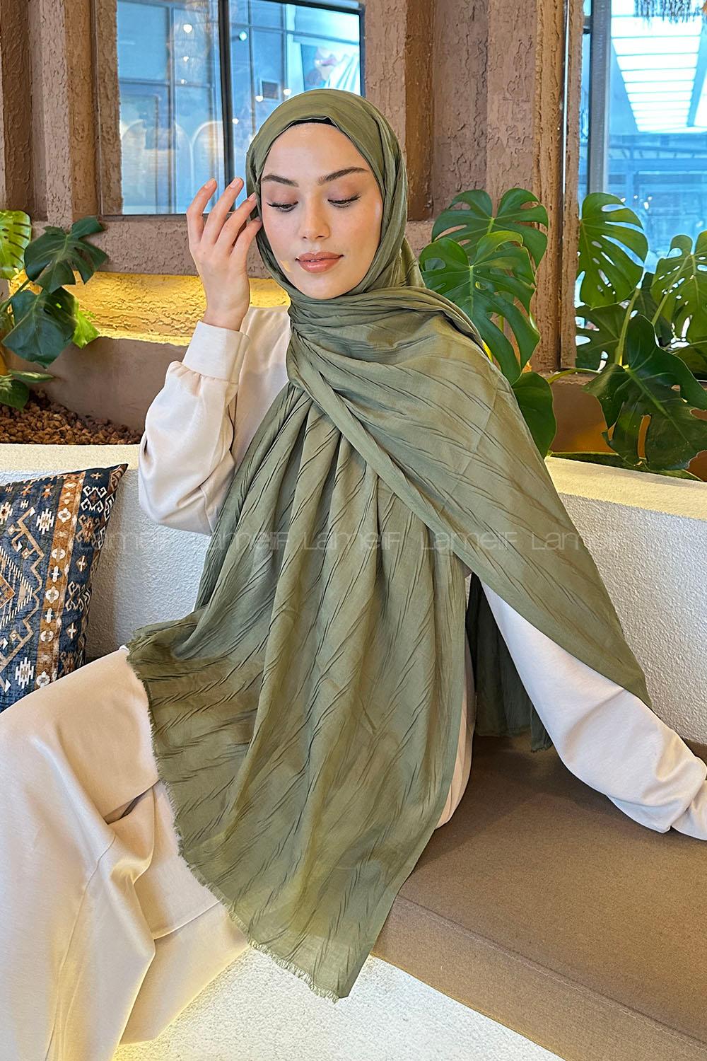 Lamelif Piliseli Bambu Şal Asker Yeşili