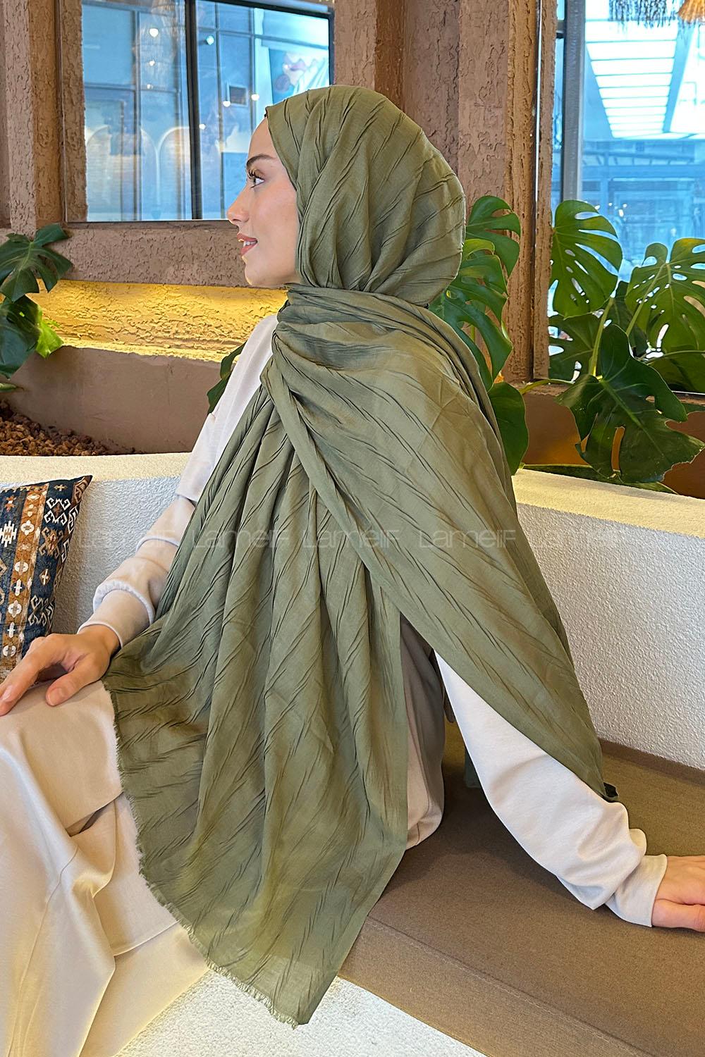 Lamelif Piliseli Bambu Şal Asker Yeşili