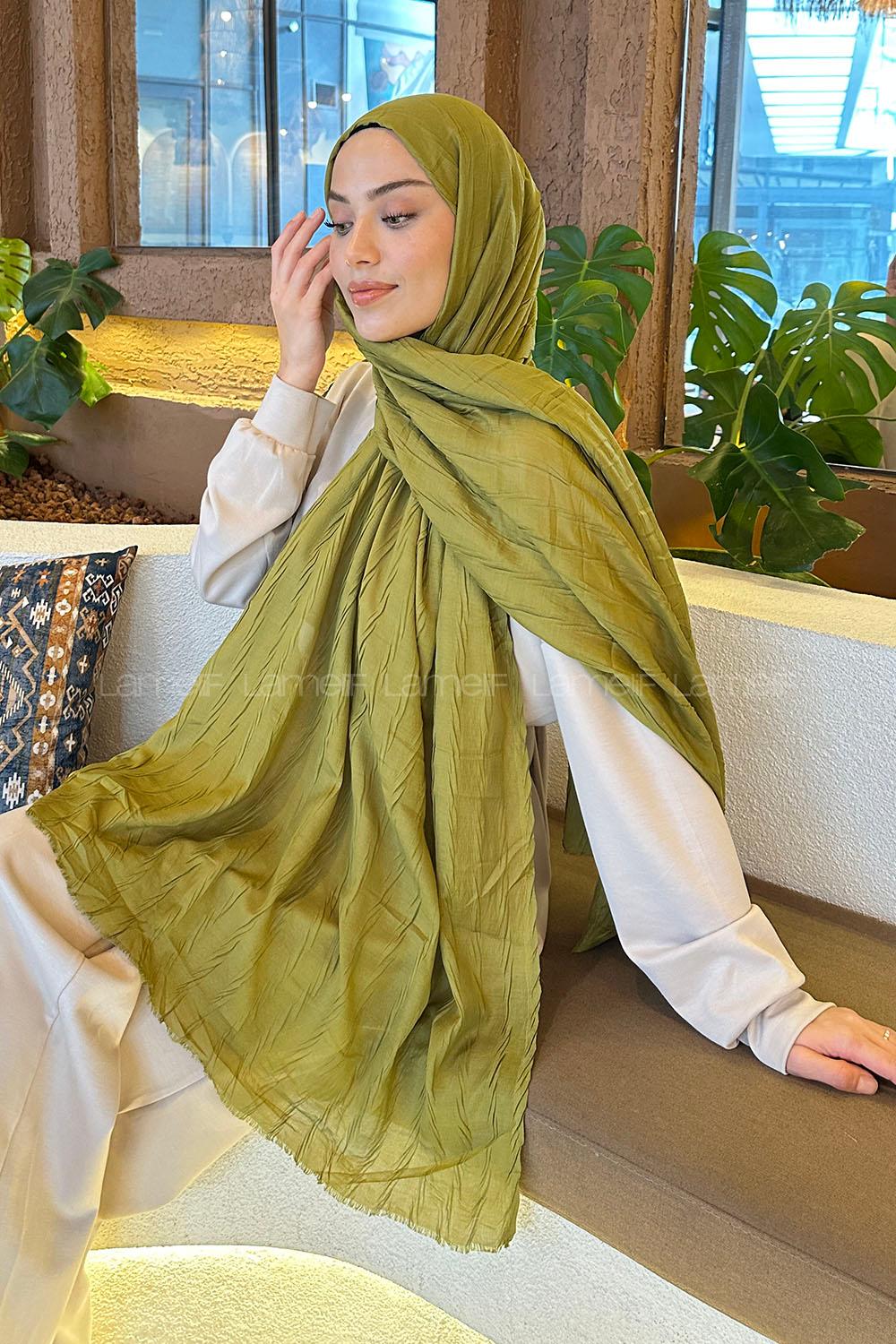 Lamelif piliseli Bambu Şal Yağ Yeşili