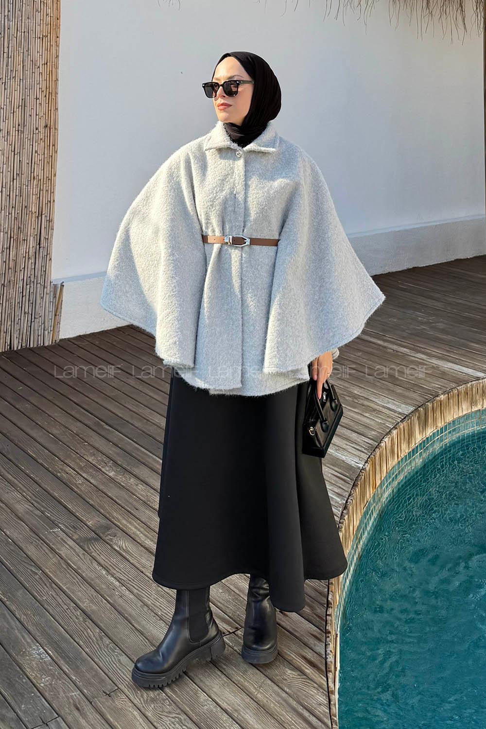 Lamelif Tek Düğmeli Beli Kemerli Sakallı Panço Gri