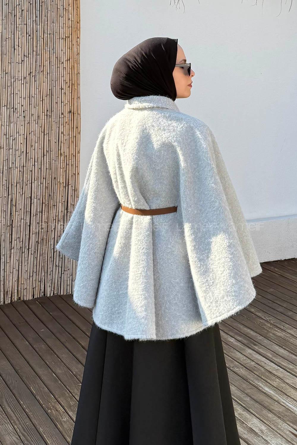 Lamelif Tek Düğmeli Beli Kemerli Sakallı Panço Gri