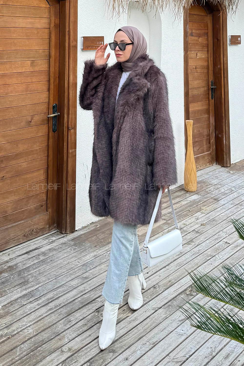 Lamelif Uzun Kürk Mont Kahverengi