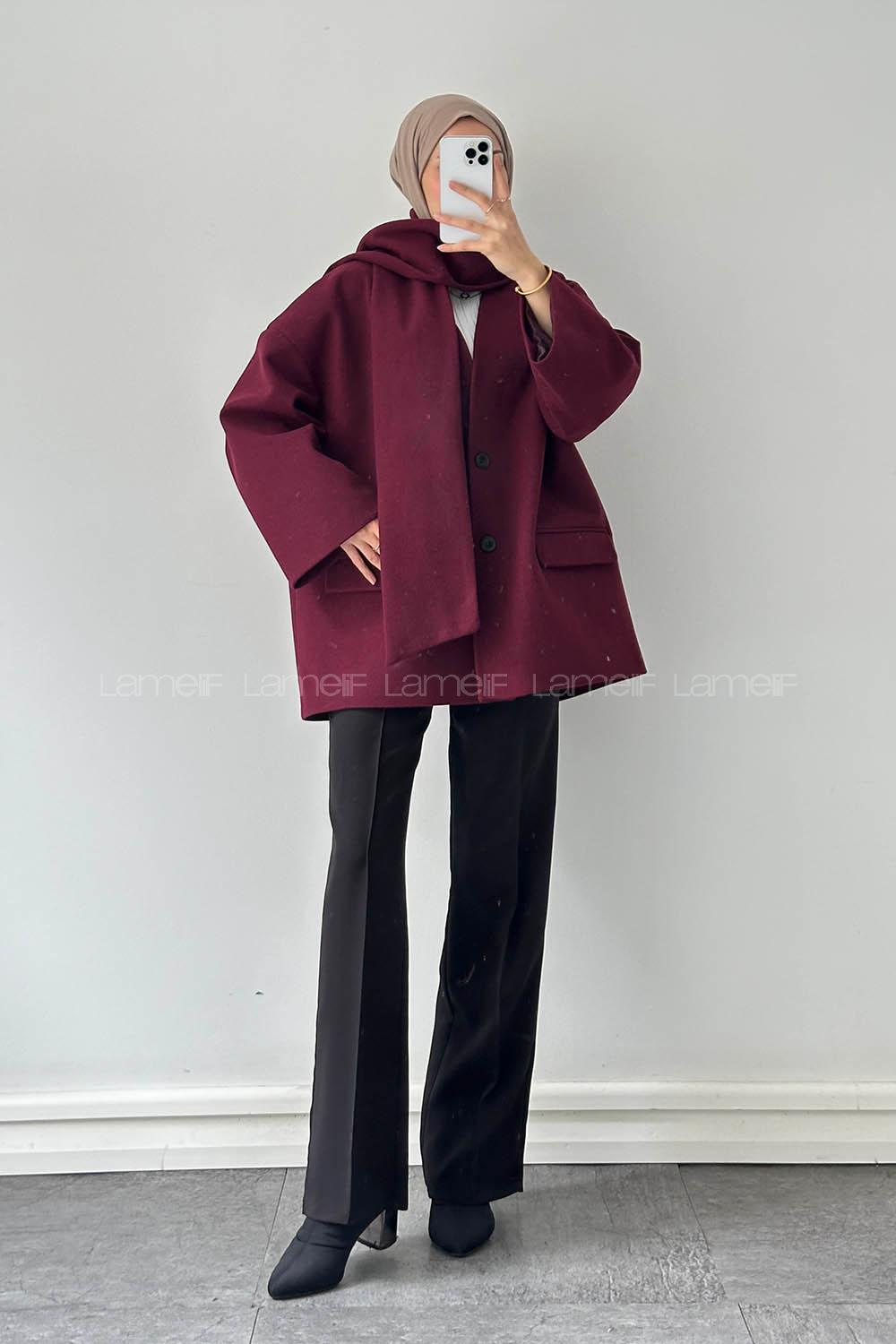 Lamelif Atkılı Kaşe Kaban Bordo