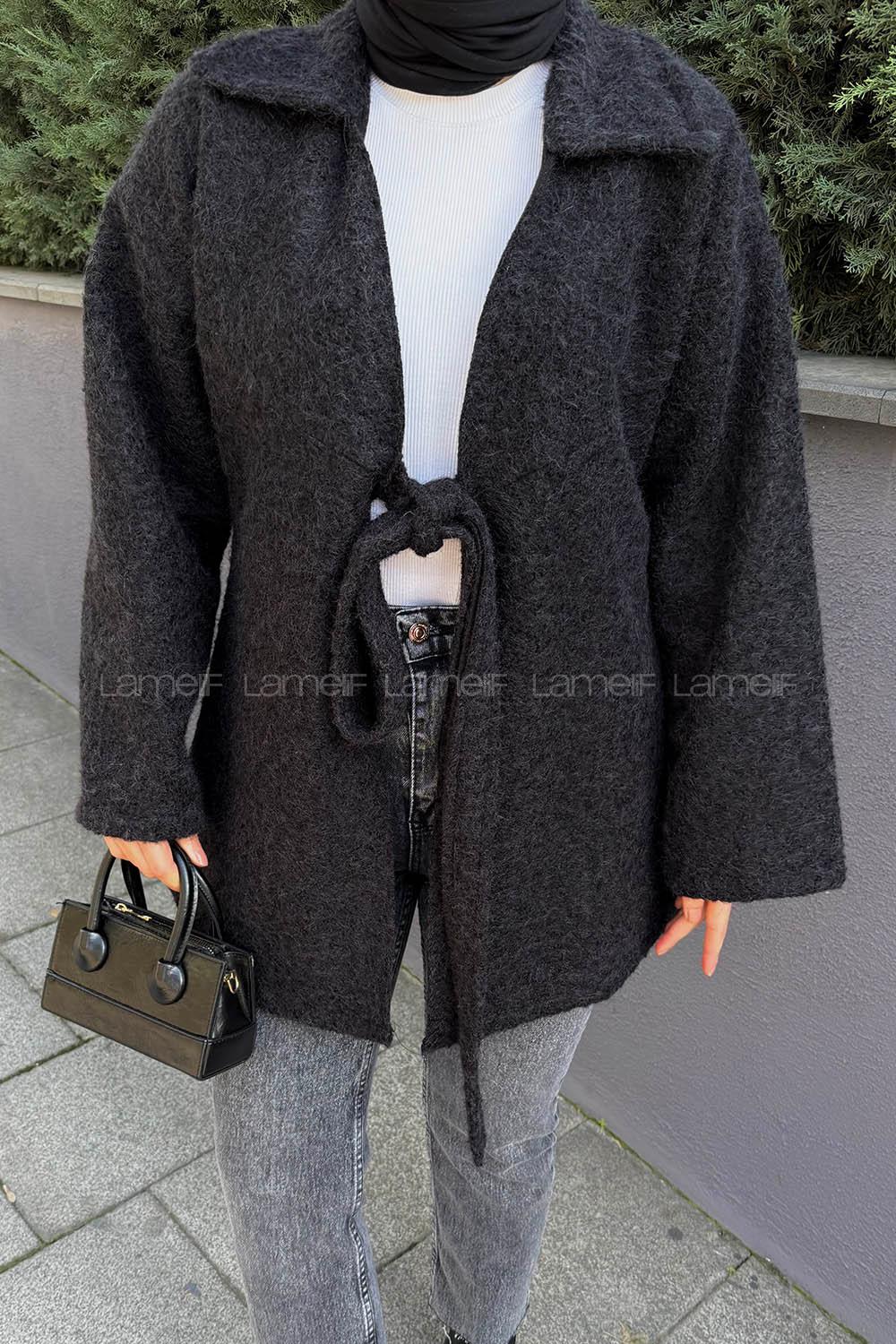 Lamelif Bağlama Detaylı Ceket Siyah