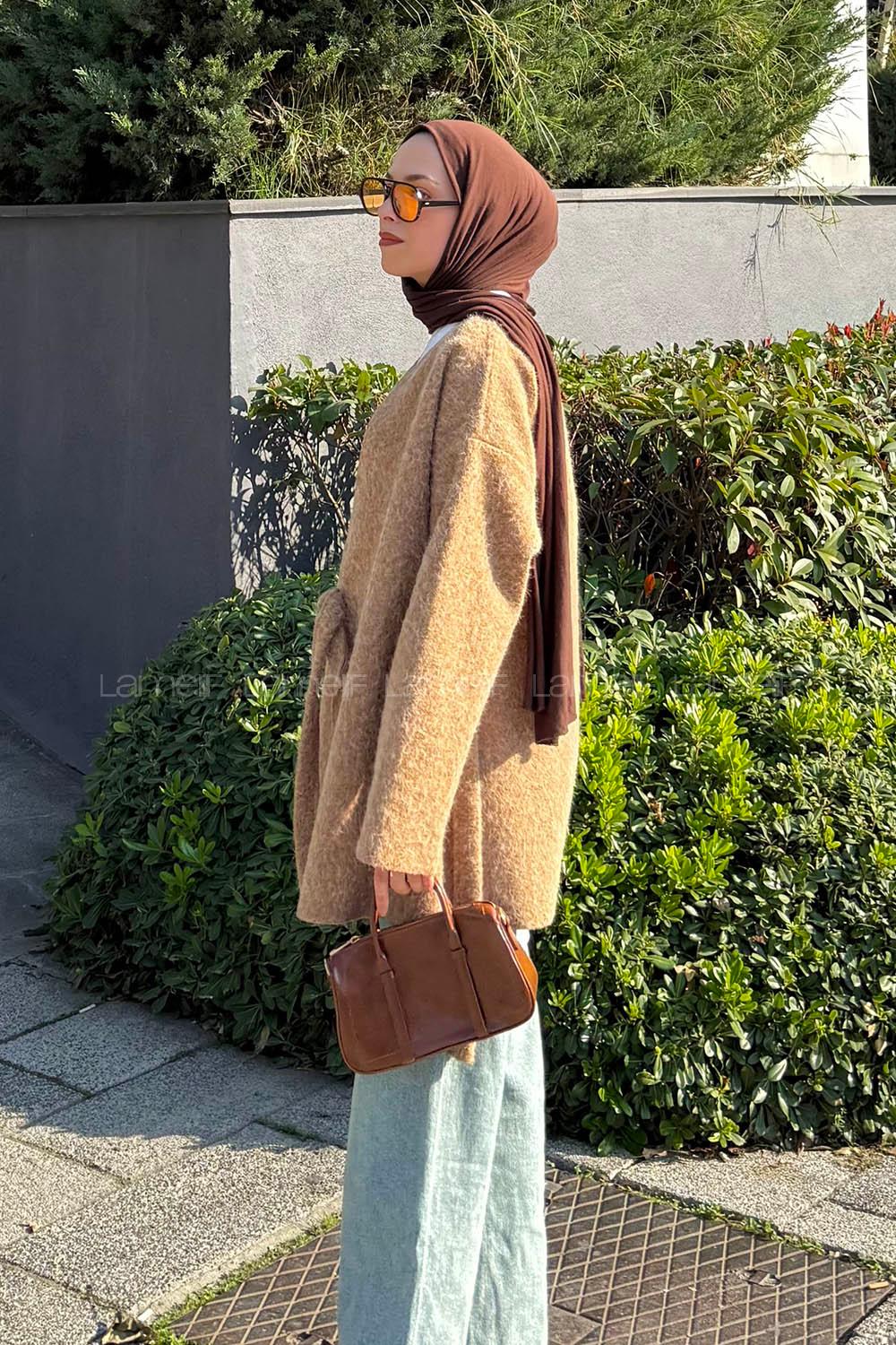 Lamelif Bağlama Detaylı V Yaka Mont  Camel