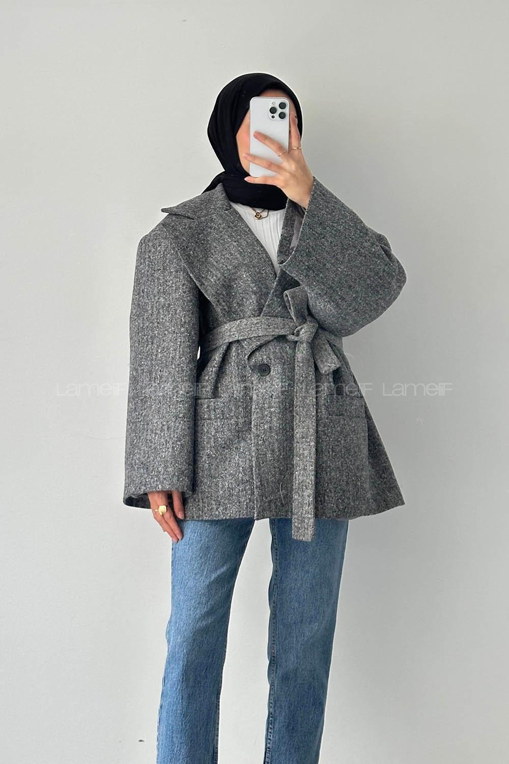 Lamelif Balıksırtı Desen Kaşe Kaban Gri