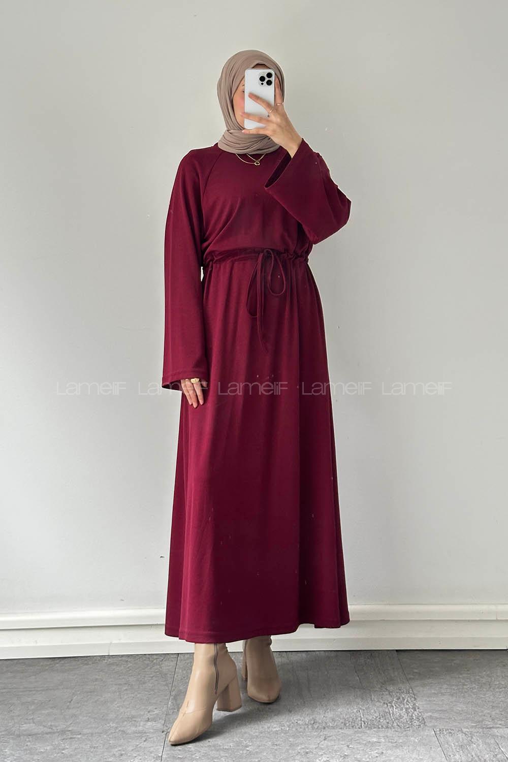 Lamelif Bel Tünel Detaylı Elbise Bordo