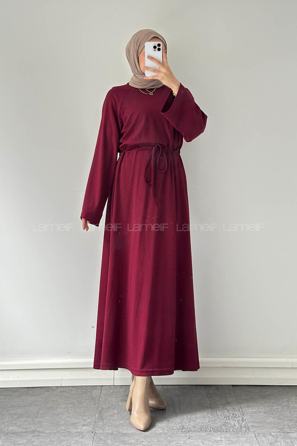 Lamelif Bel Tünel Detaylı Elbise Bordo