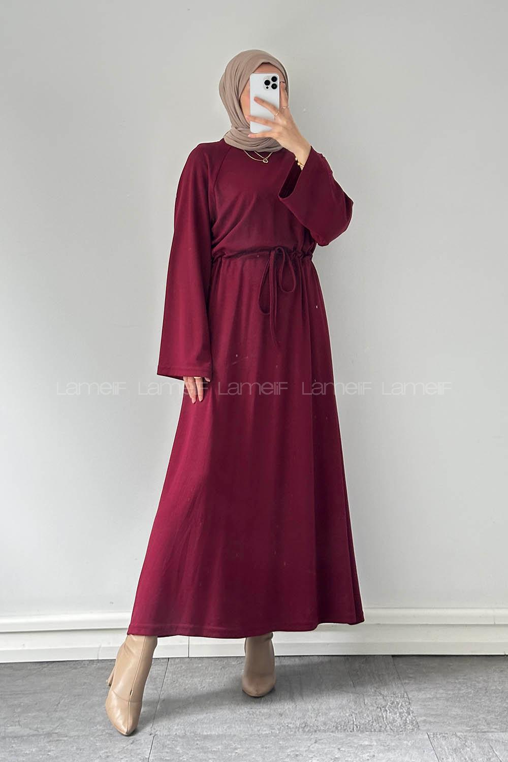 Lamelif Bel Tünel Detaylı Elbise Bordo