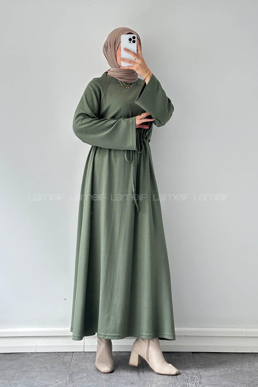 Lamelif Bel Tünel Detaylı Elbise Haki