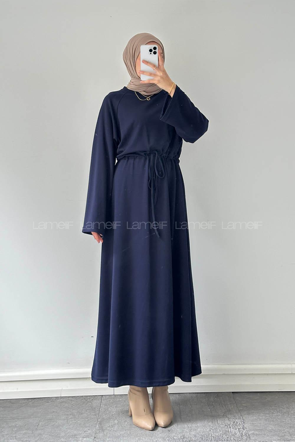 Lamelif Bel Tünel Detaylı Elbise Lacivert
