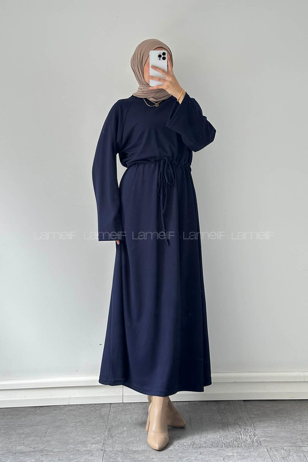 Lamelif Bel Tünel Detaylı Elbise Lacivert