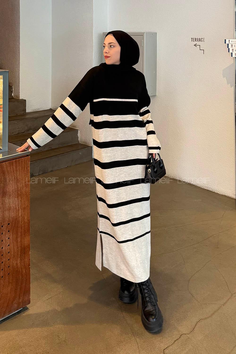 Lamelif Çizgi Detaylı Triko Elbise Bej