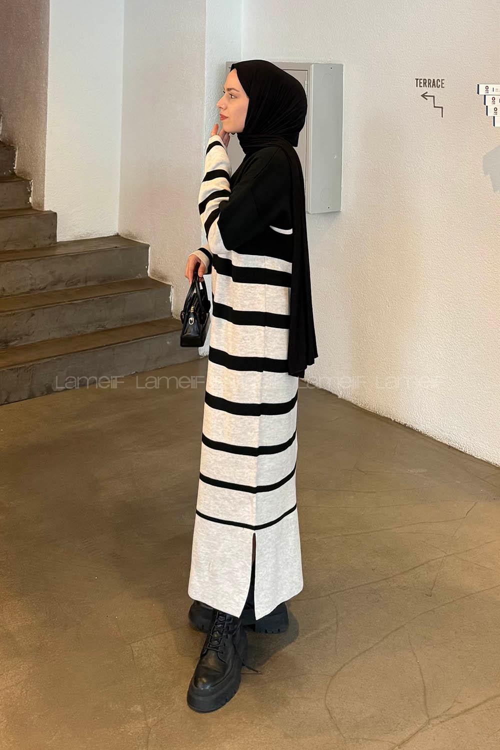 Lamelif Çizgi Detaylı Triko Elbise Bej