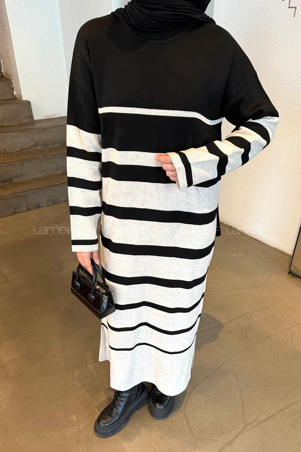 Lamelif Çizgi Detaylı Triko Elbise Bej