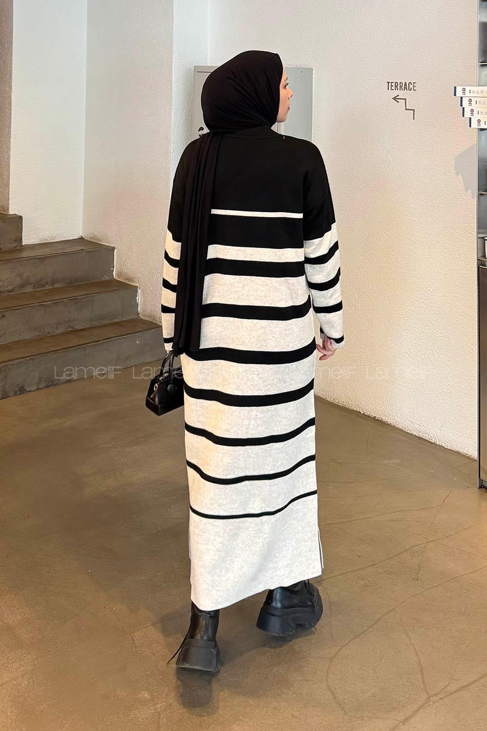 Lamelif Çizgi Detaylı Triko Elbise Bej