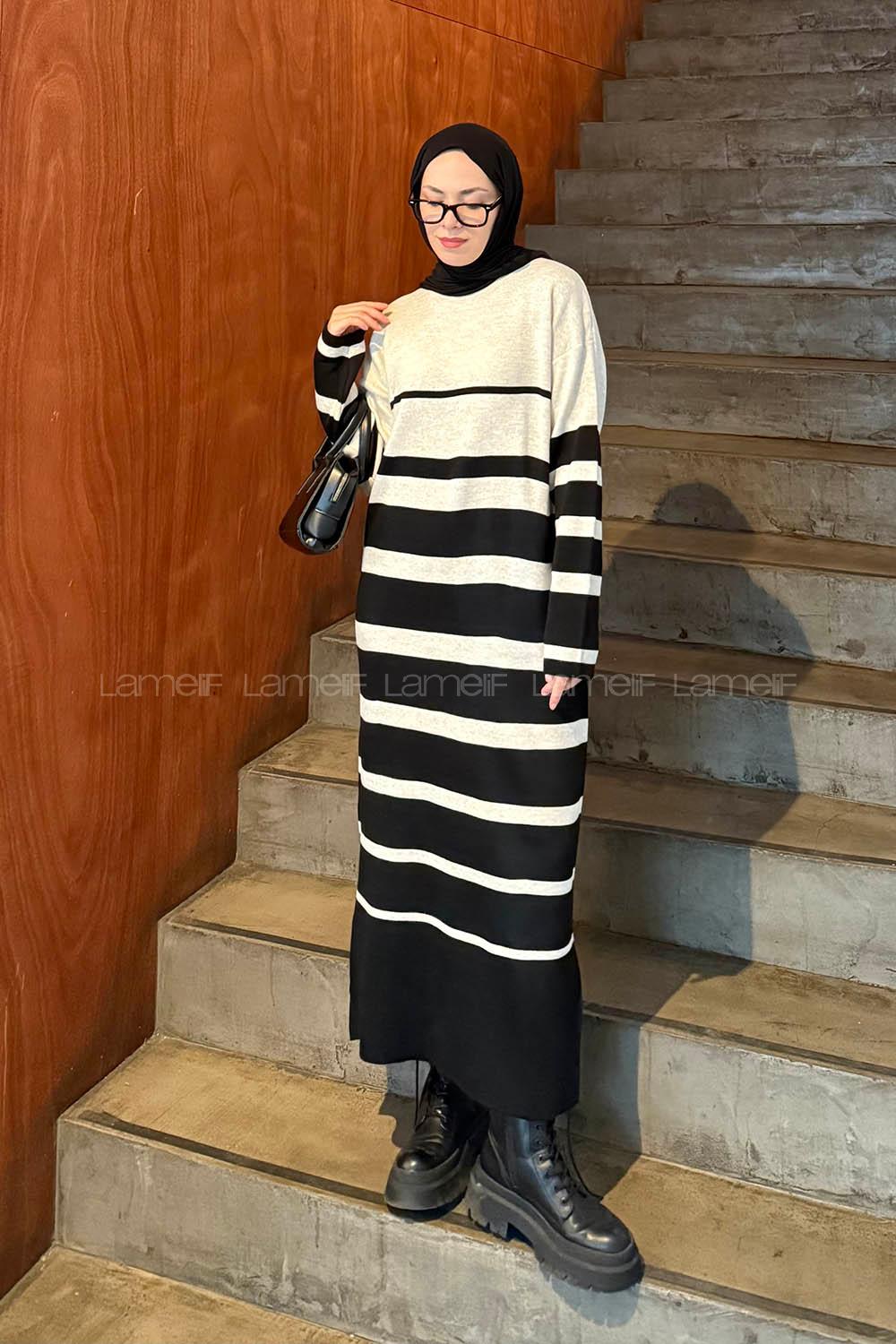 Lamelif Çizgi Detaylı Triko Elbise Siyah