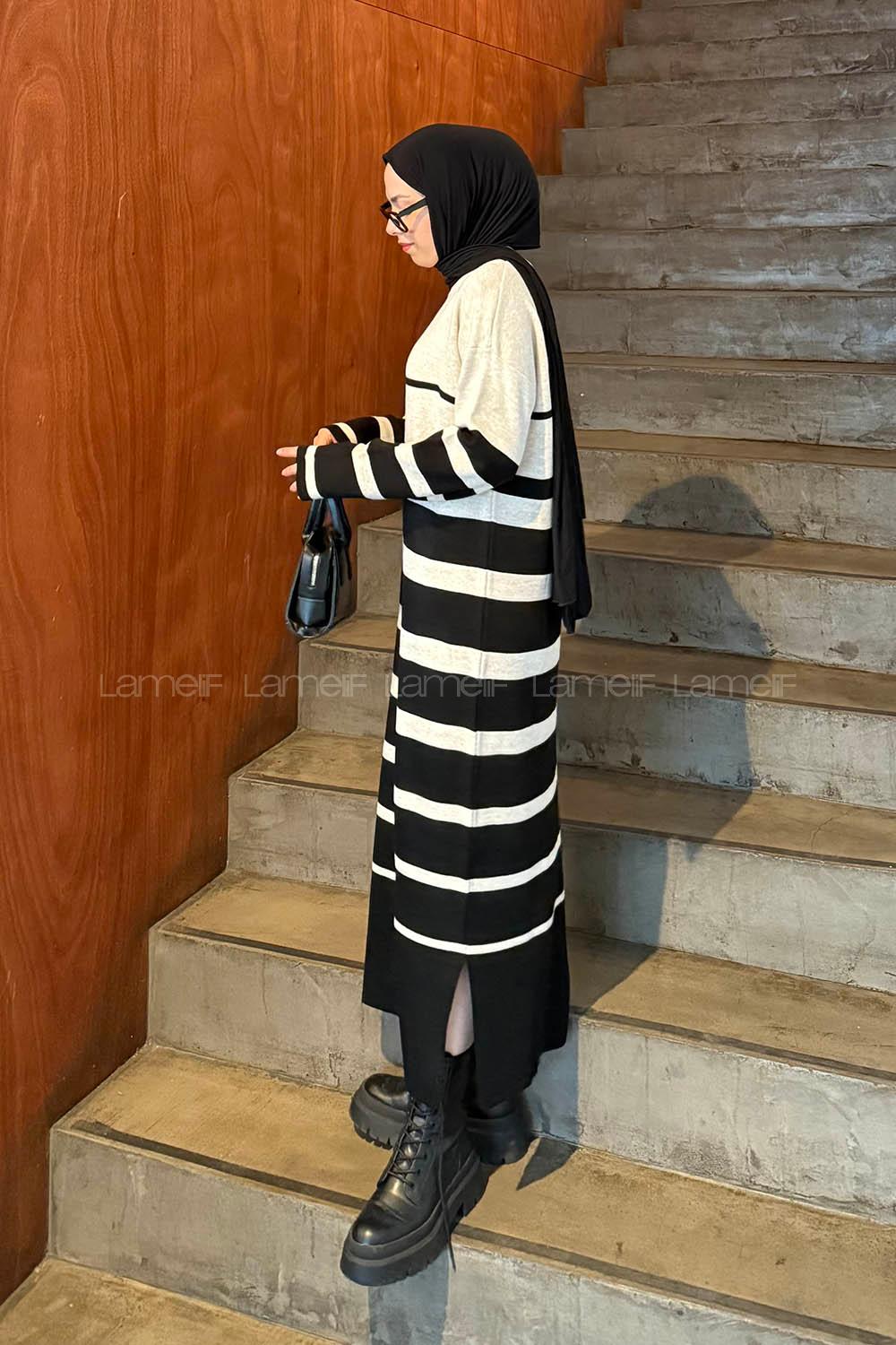 Lamelif Çizgi Detaylı Triko Elbise Siyah