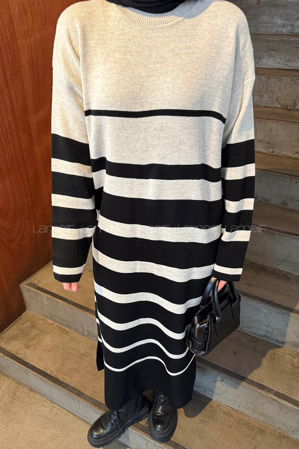 Lamelif Çizgi Detaylı Triko Elbise Siyah