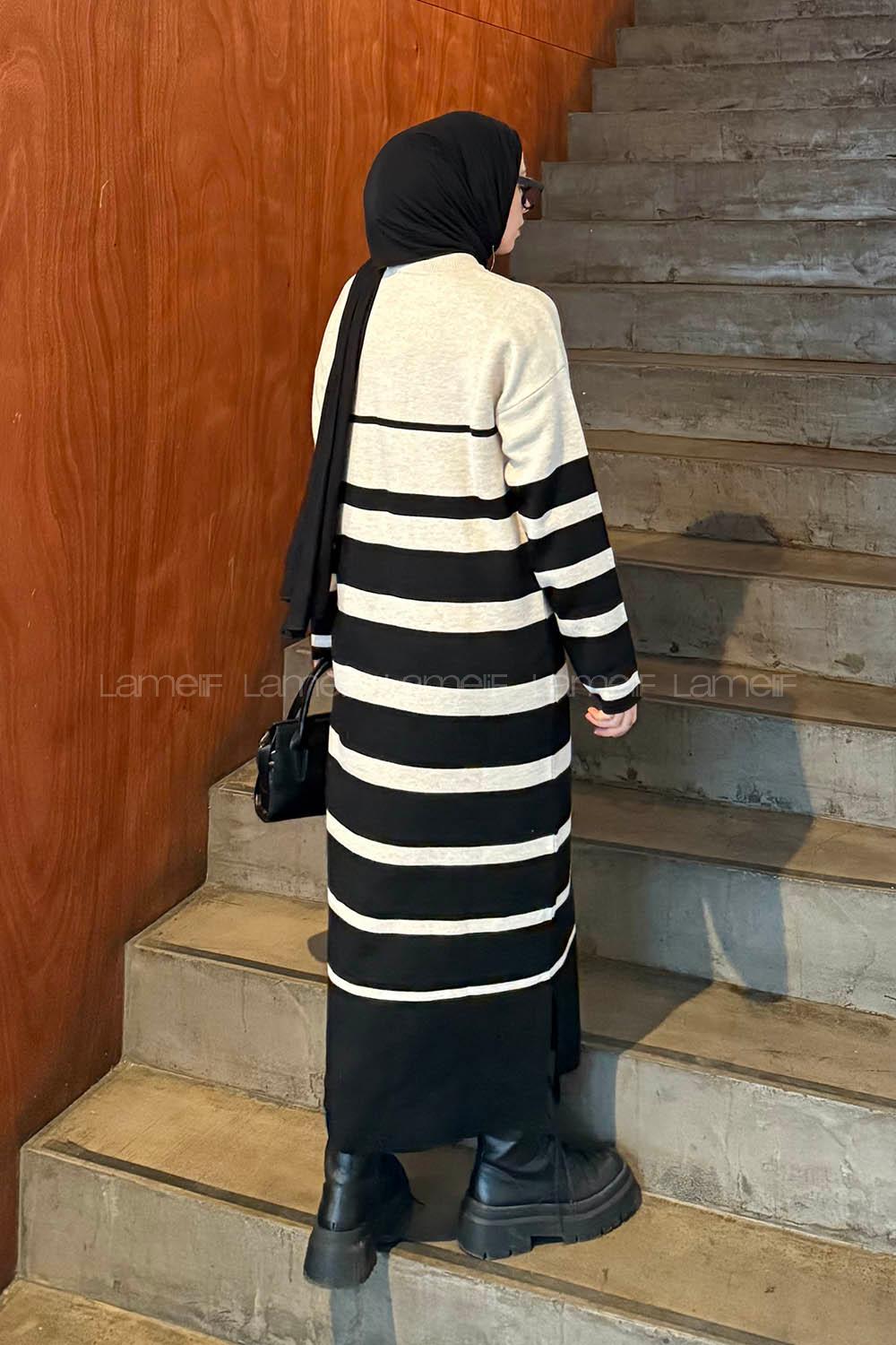 Lamelif Çizgi Detaylı Triko Elbise Siyah