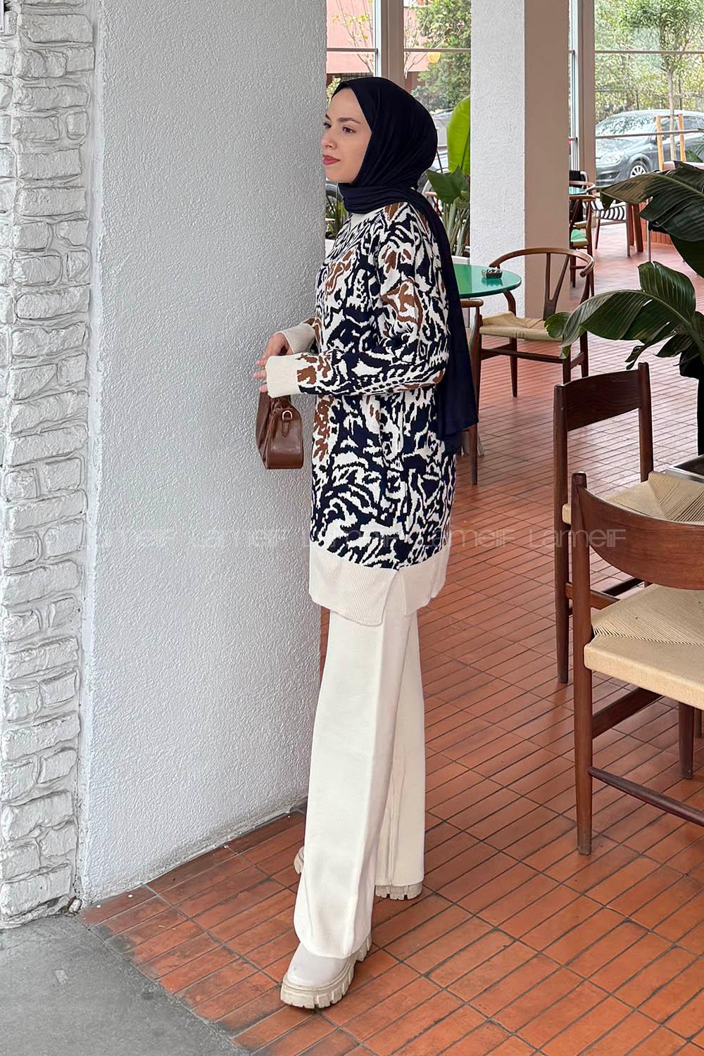 Lamelif Desenli Triko Takım Bej