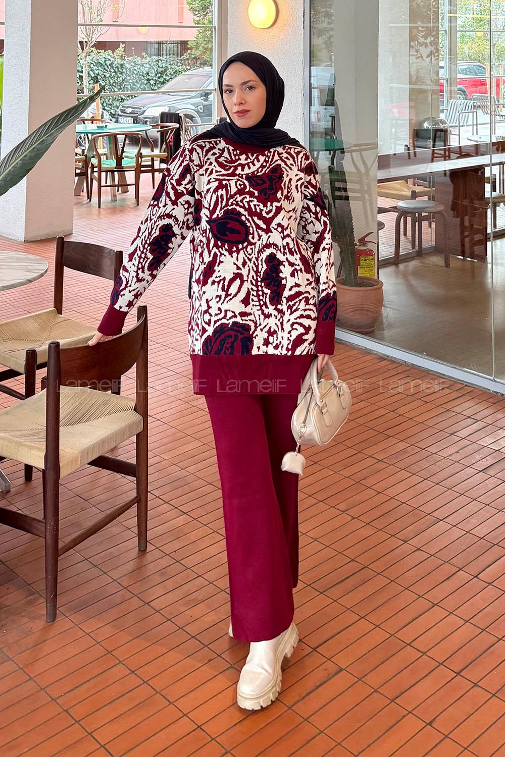 Lamelif Desenli Triko Takım Bordo