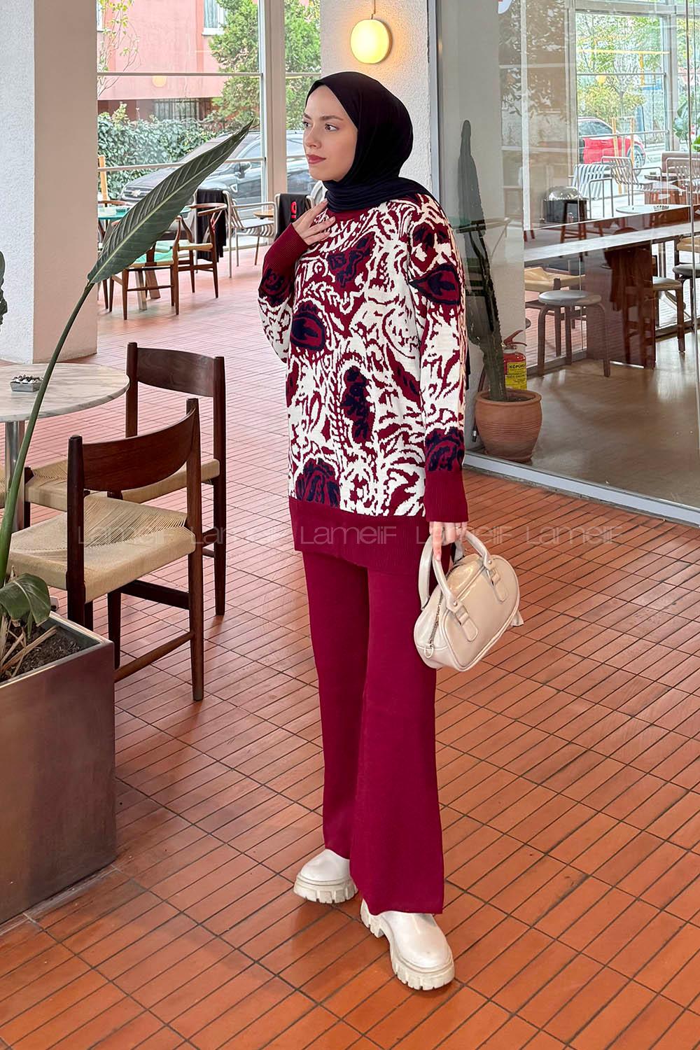 Lamelif Desenli Triko Takım Bordo