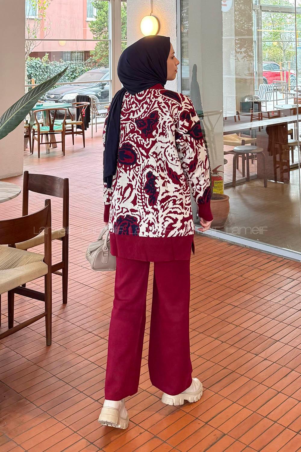 Lamelif Desenli Triko Takım Bordo