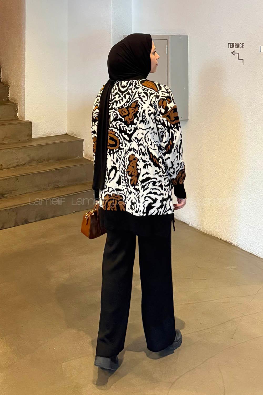 Lamelif Desenli Triko Takım Camel