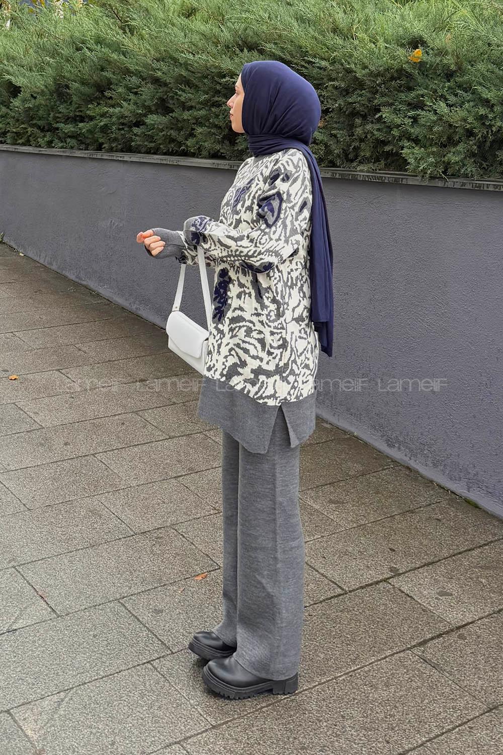 Lamelif Desenli Triko Takım Gri